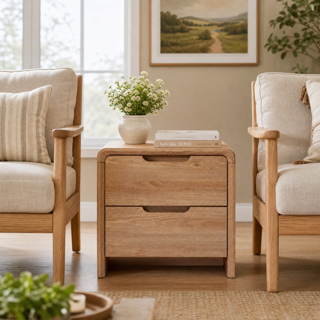19" 2-Drawer Side Table with Rounded Corners & Wood Grain