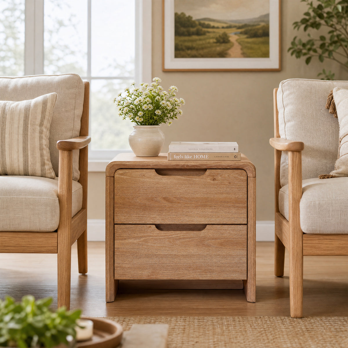 19" 2-Drawer Side Table with Rounded Corners & Wood Grain