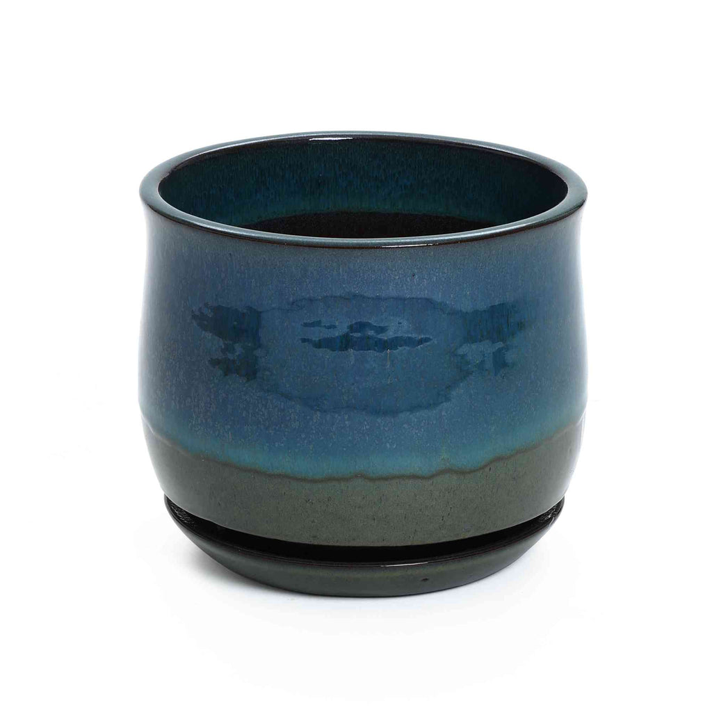 Ridge Round Glazed Ceramic Planter, Blue-Green Ombre, 10.5"