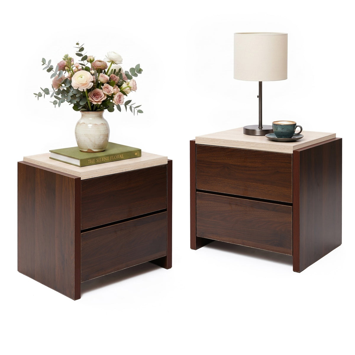 Travertine-Effect Walnut Side Table 2-Drawer
