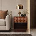 Walnut Side Table Geometric Mosaic Drawer Open Shelf