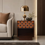 Walnut Side Table Geometric Mosaic Drawer Open Shelf