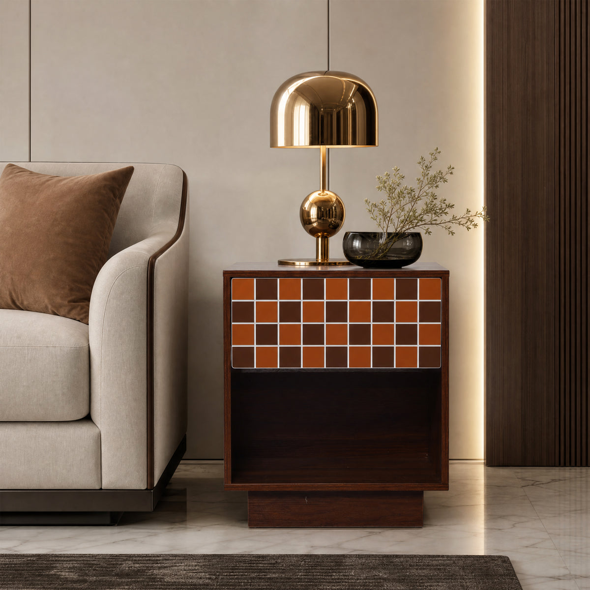 Walnut Side Table Geometric Mosaic Drawer Open Shelf