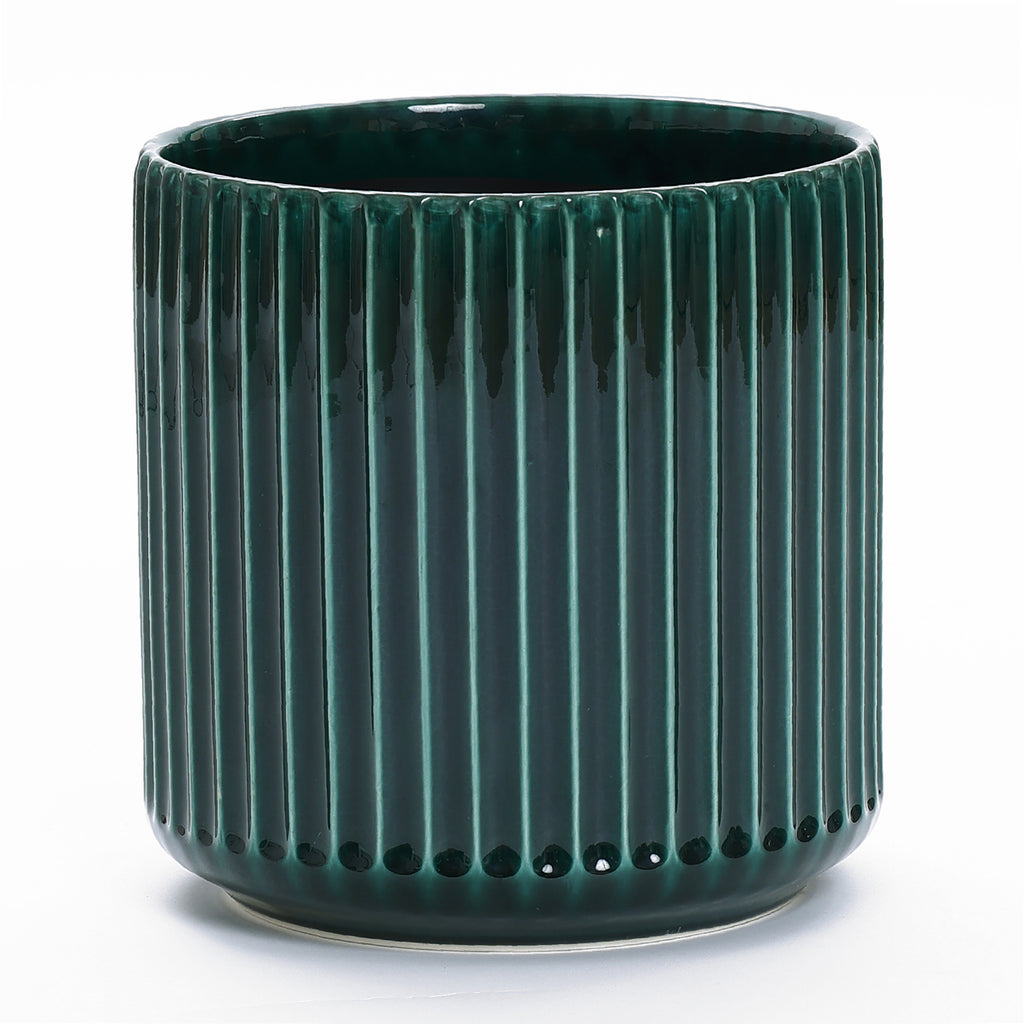 Jade Green Ribbed Ceramic Indoor Outdoor Garden Planter, 13.8"