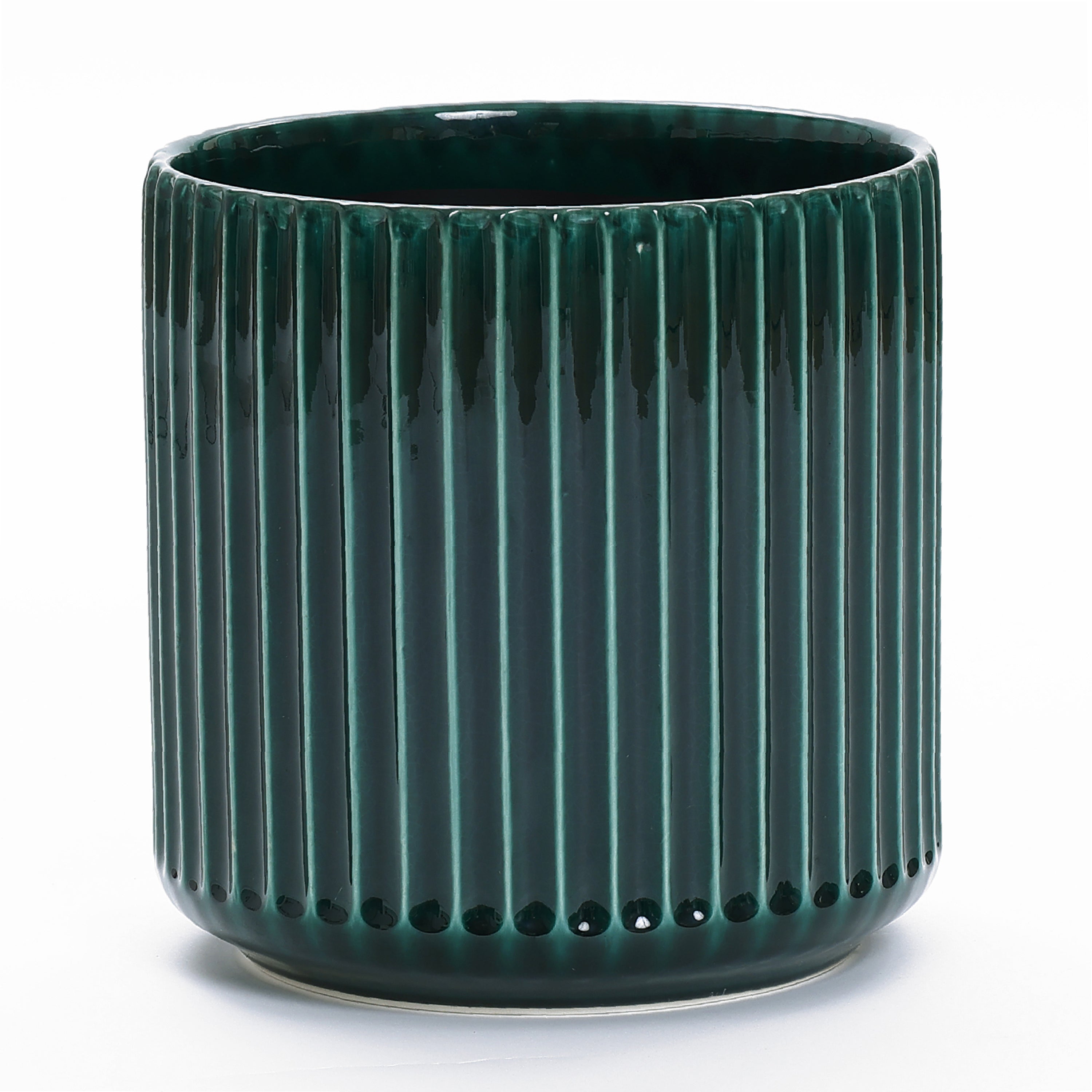 Jade Green Ribbed Ceramic Indoor Outdoor Garden Planter, 13.8"