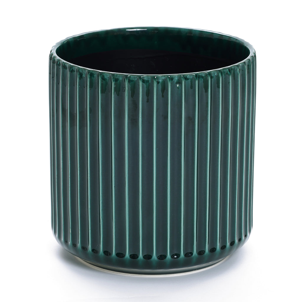 Jade Green Ribbed Ceramic Indoor Outdoor Garden Planter, 13.8"