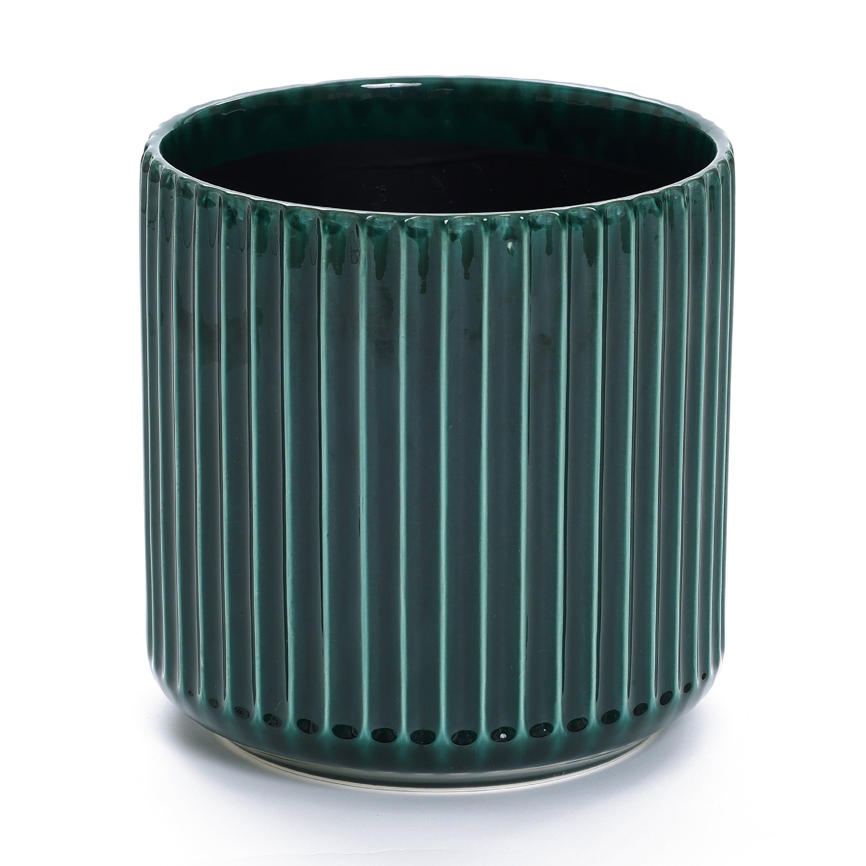 Jade Green Ribbed Ceramic Indoor Outdoor Garden Planter, 13.8"