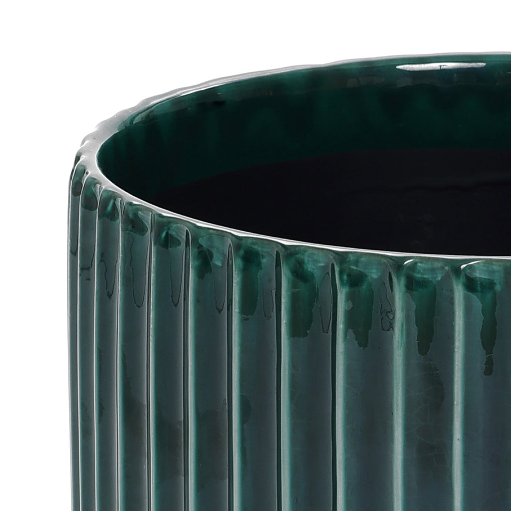 Jade Green Ribbed Ceramic Indoor Outdoor Garden Planter, 13.8"