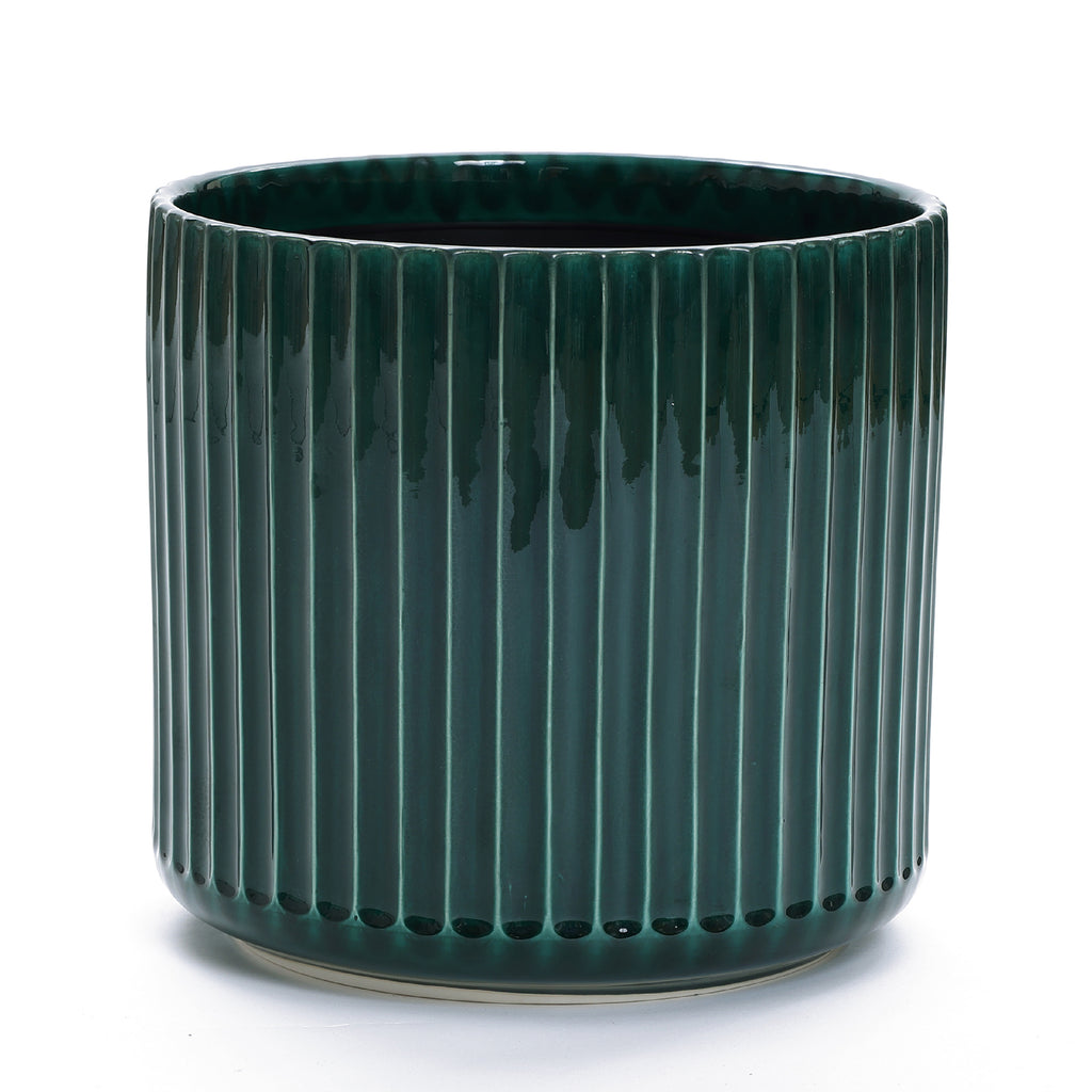 Jade Green Ribbed Tabletop Decorative Ceramic Planter, 11.4"