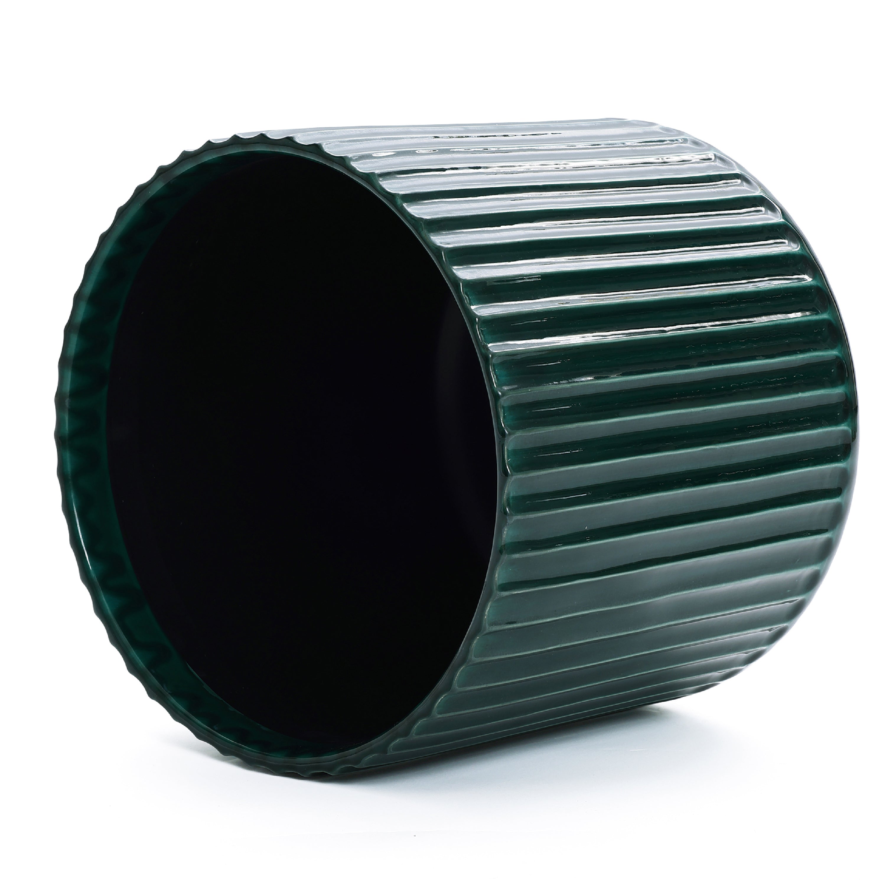 Jade Green Ribbed Tabletop Decorative Ceramic Planter, 11.4"