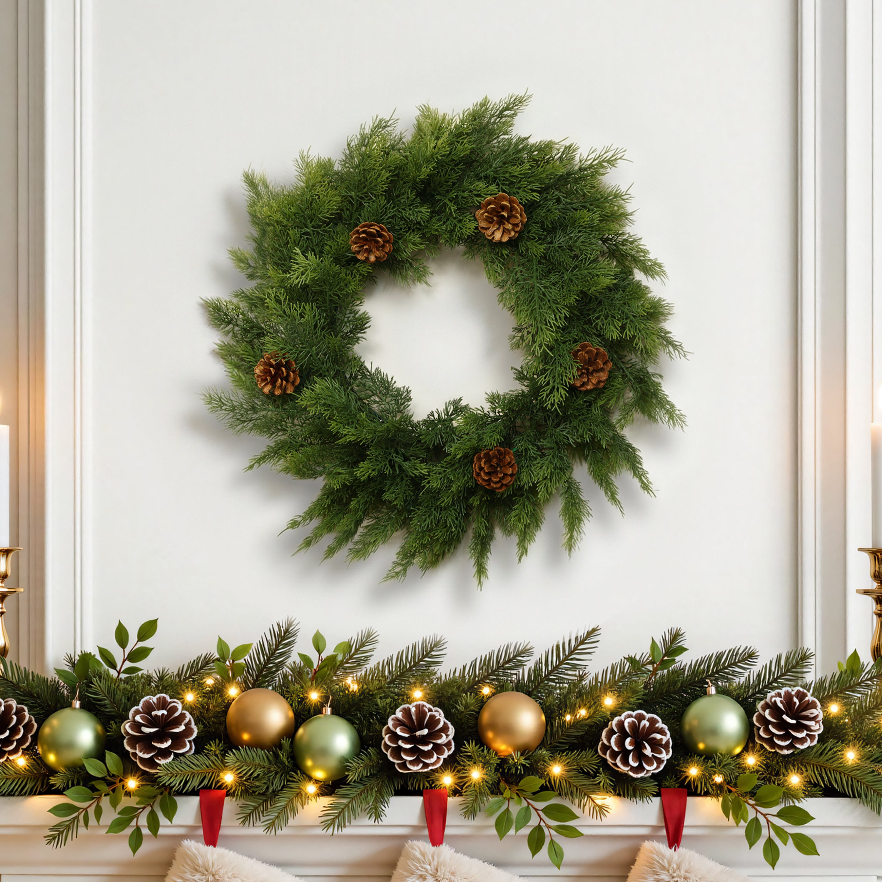 19.6" Artificial Christmas Wreath with Natural Pinecones, Faux Cedar Cypress Greenery Winter Holiday Wreath for Front Door, Wall, and Indoor Mantel Decor