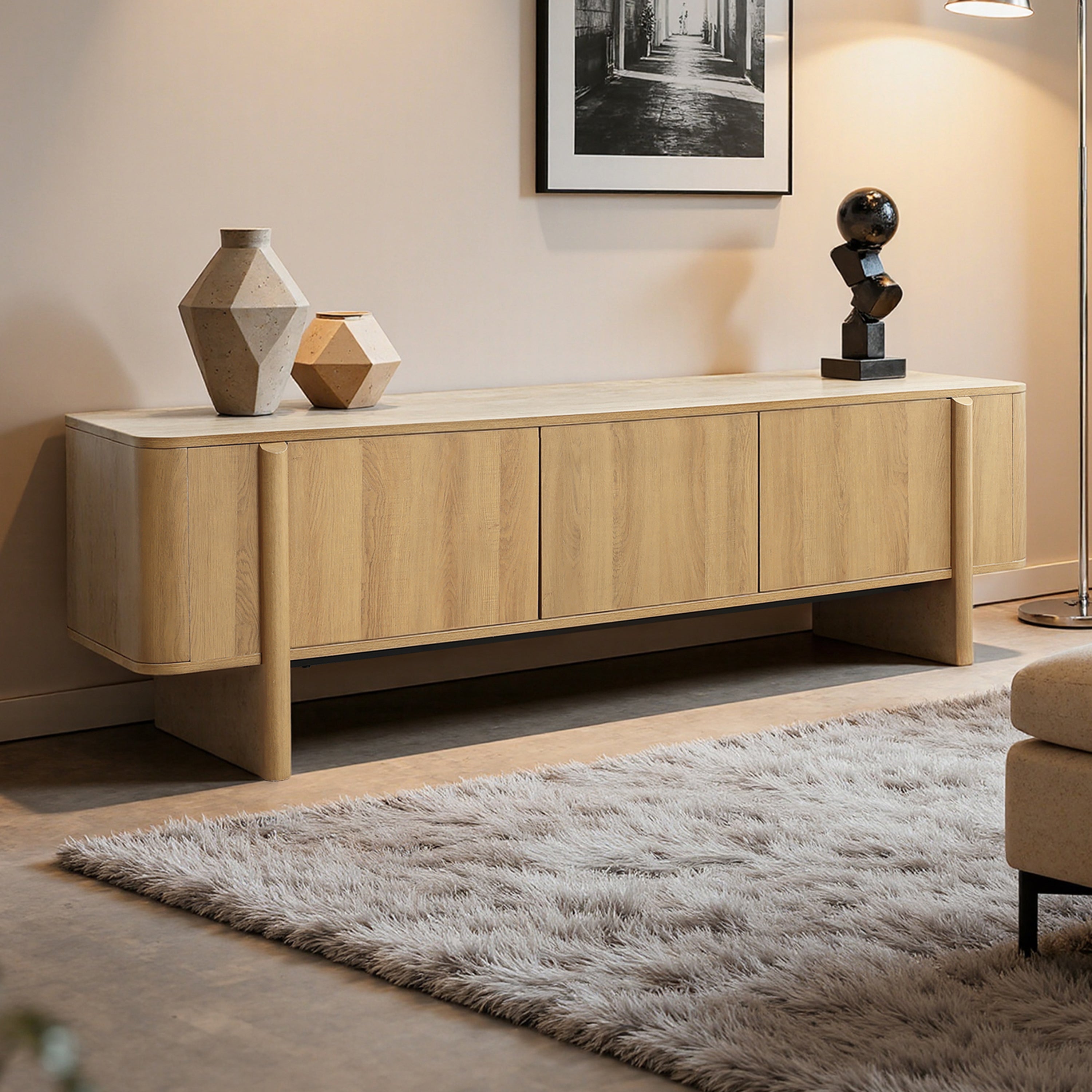 Mid-Century Media Console Cabinet, 63'' Engineered Wood TV Stand in Natural