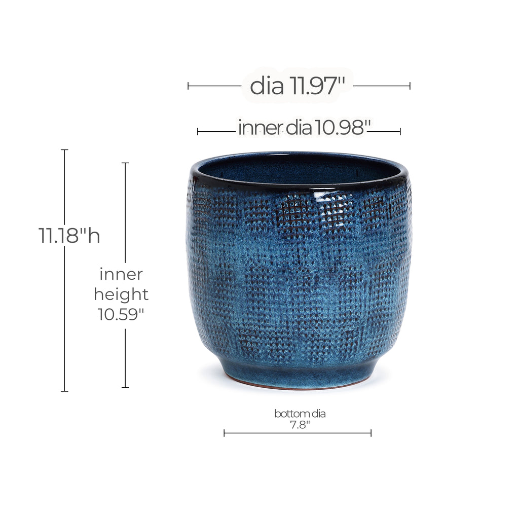 Weave Round Glazed Textured Ceramic Planter, Indigo Blue, 12"