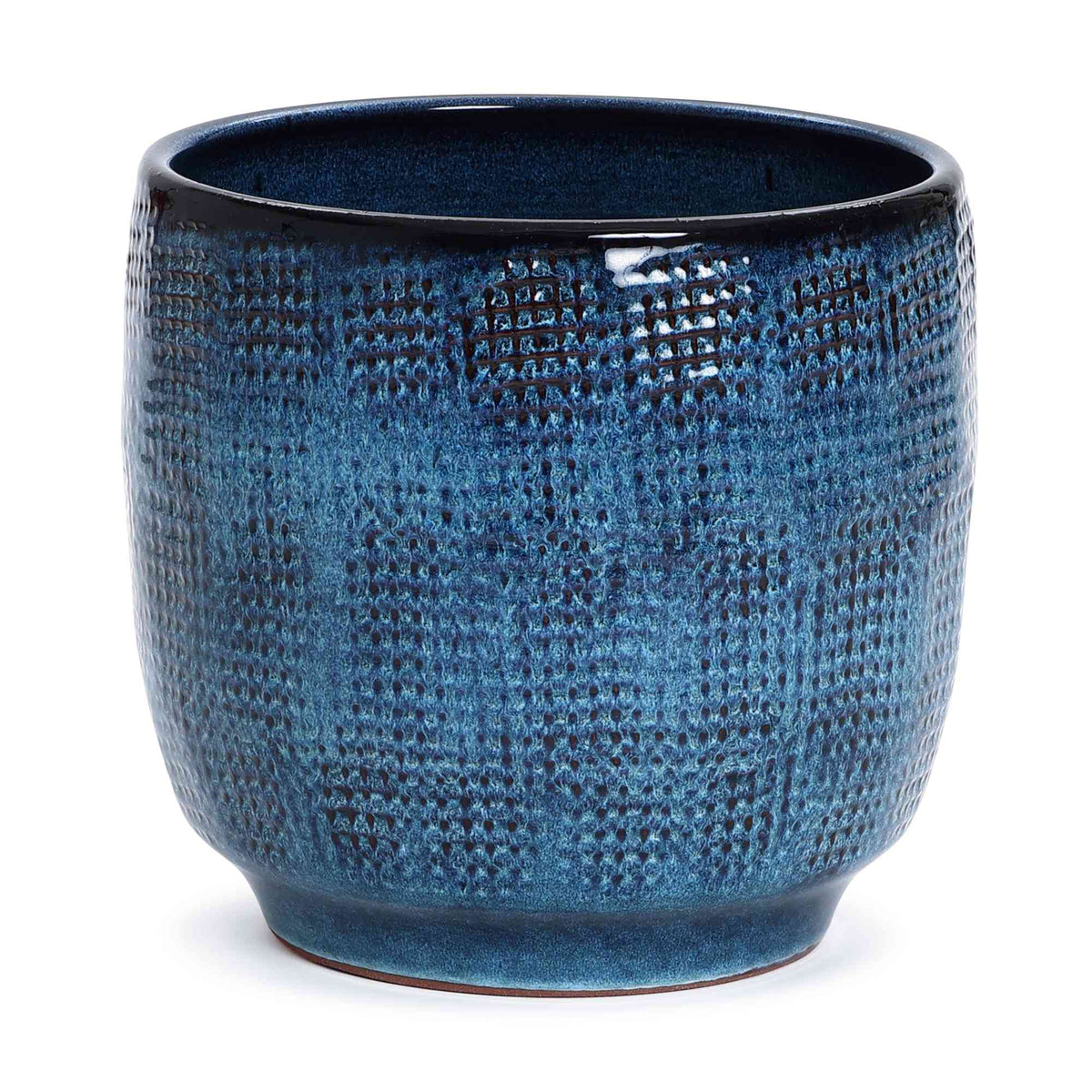 Weave Round Glazed Textured Ceramic Planter, Indigo Blue, 12"