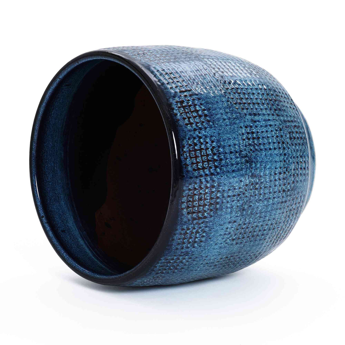 Weave Round Glazed Textured Ceramic Planter, Indigo Blue, 12"