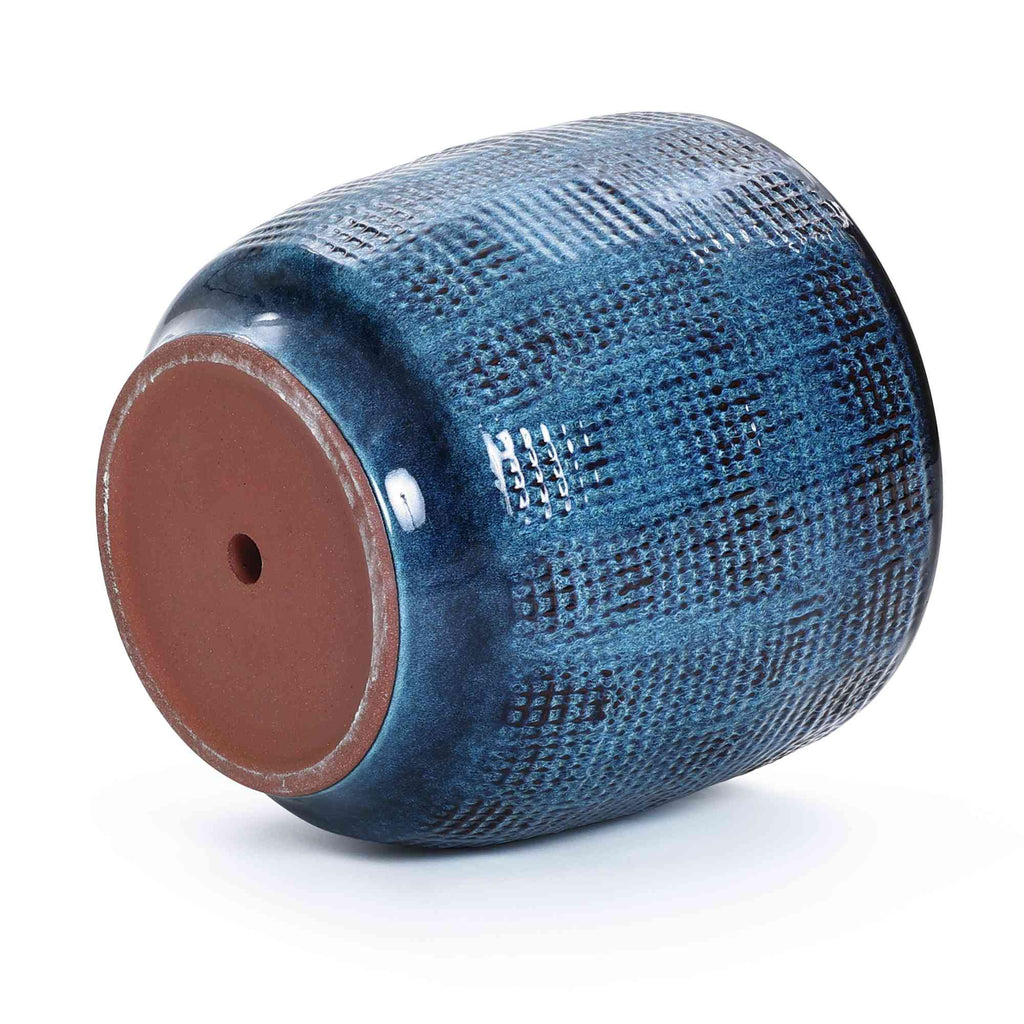 Weave Round Glazed Textured Ceramic Planter, Indigo Blue, 12"