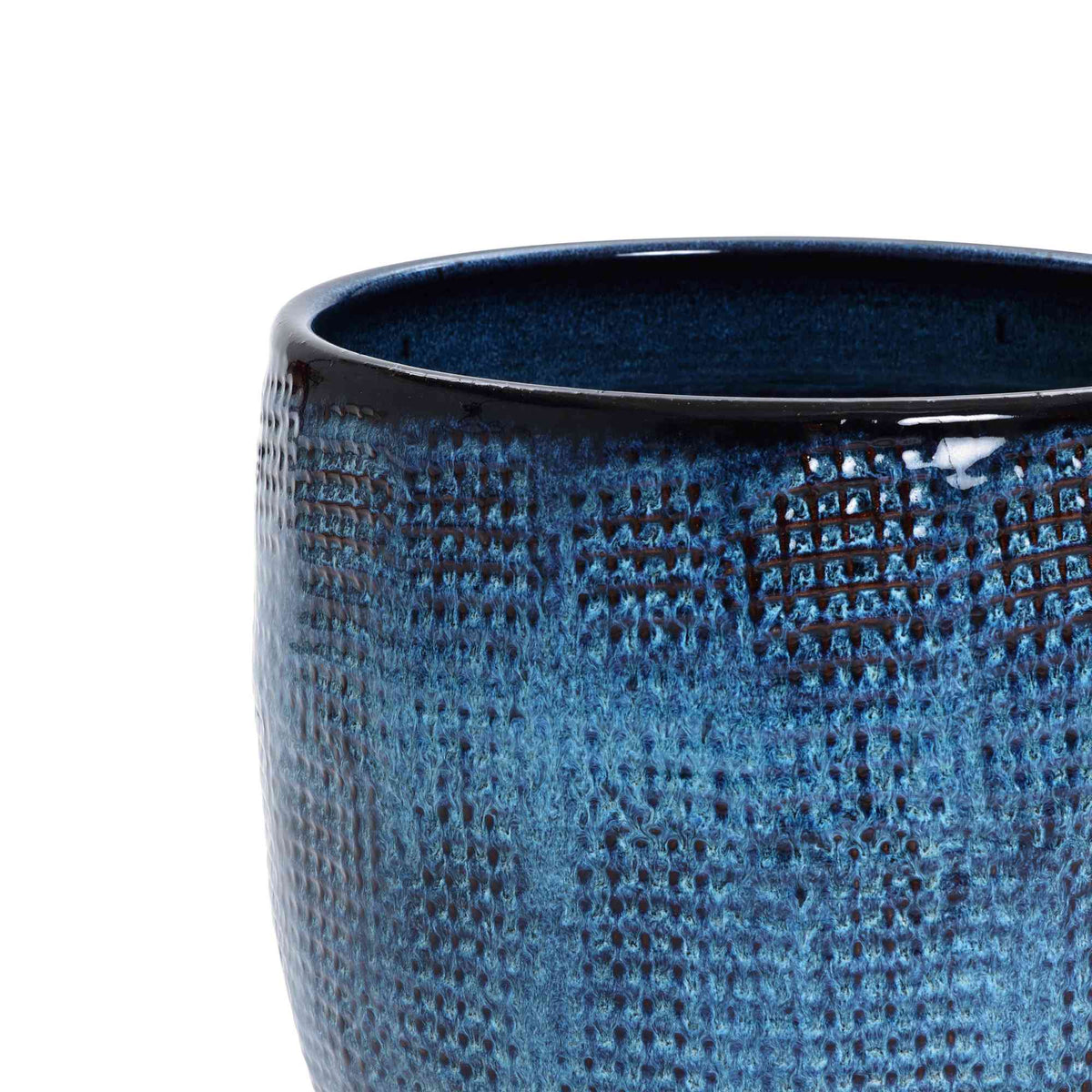 Weave Round Glazed Textured Ceramic Planter, Indigo Blue, 12"