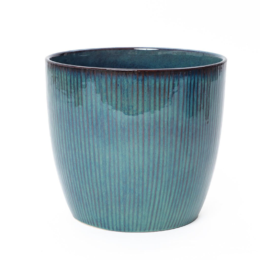 Verdis Round Striated Ceramic Planter, Blue Ombre, 15"