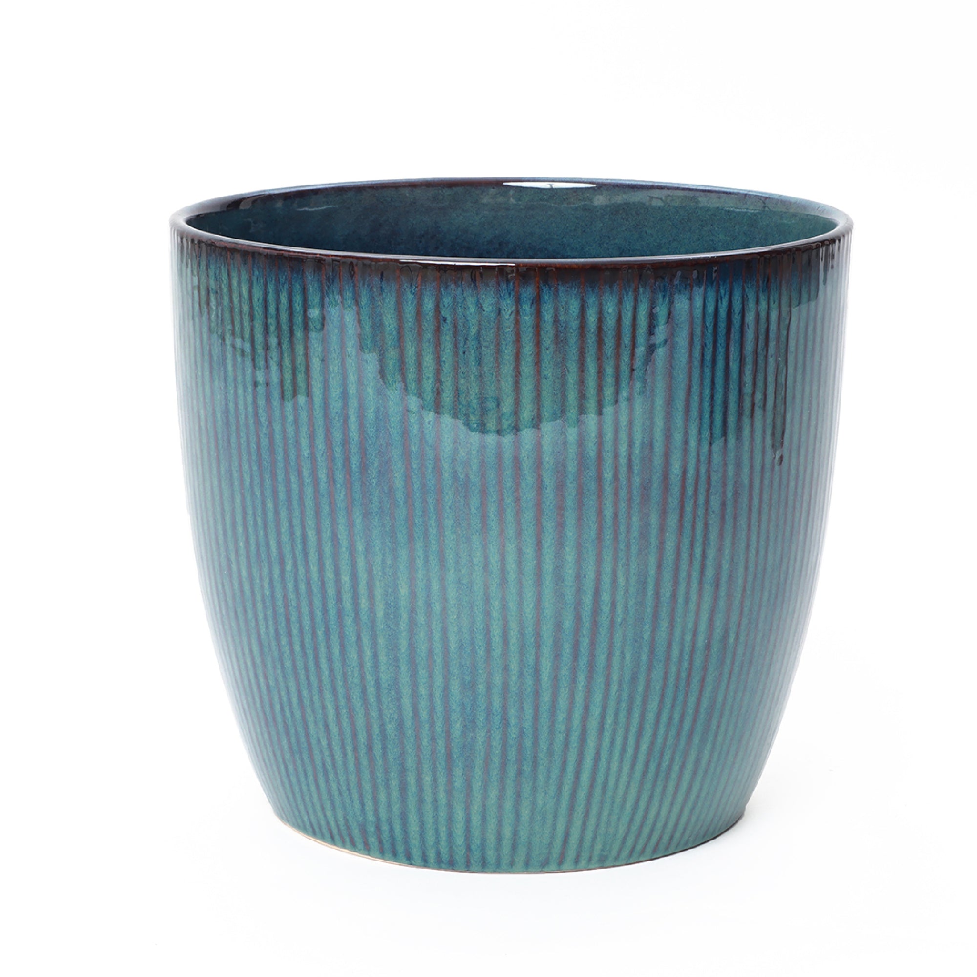 Verdis Round Striated Ceramic Planter, Blue Ombre, 15"