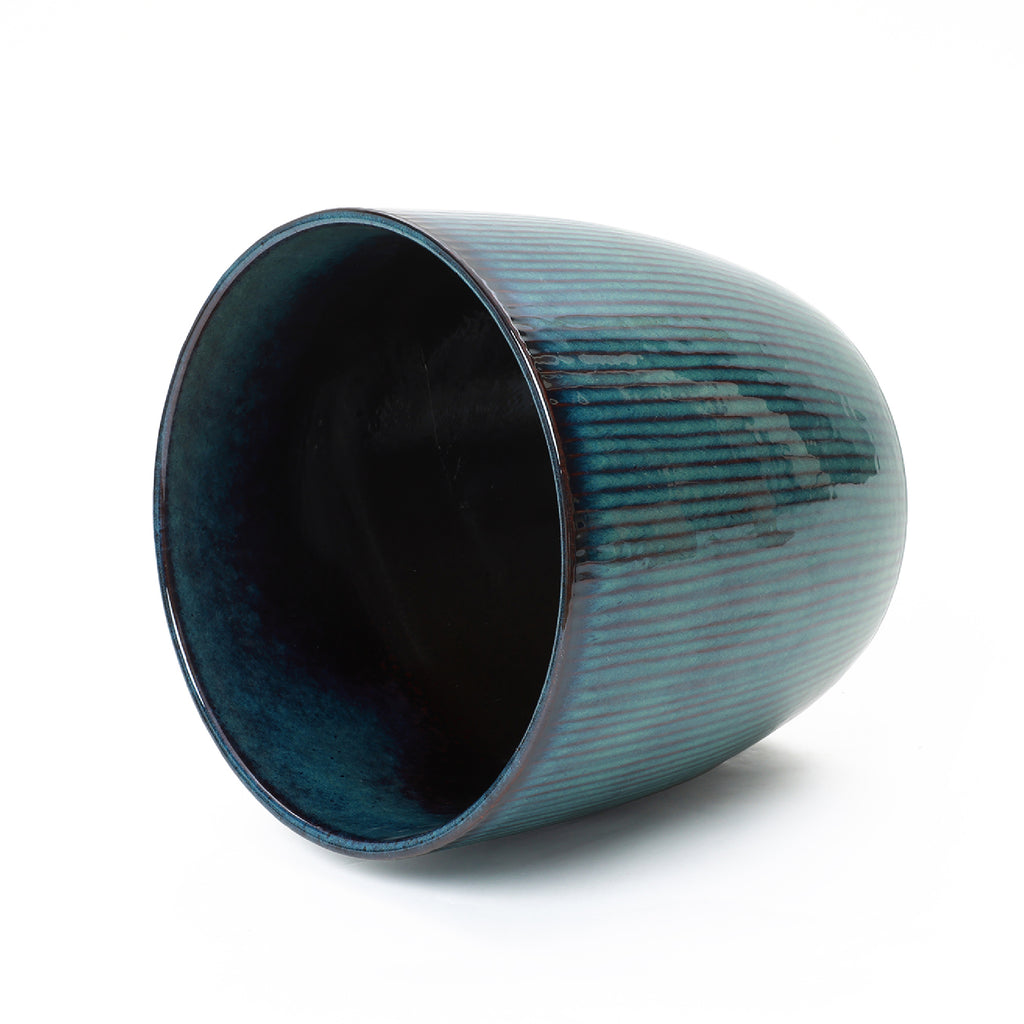 Verdis Round Striated Ceramic Planter, Blue Ombre, 15"