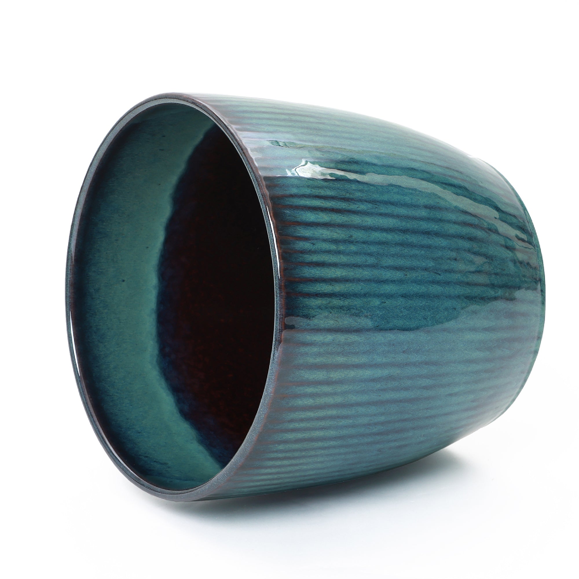 Verdis Round Striated Ceramic Planter, Blue Ombre, 12"