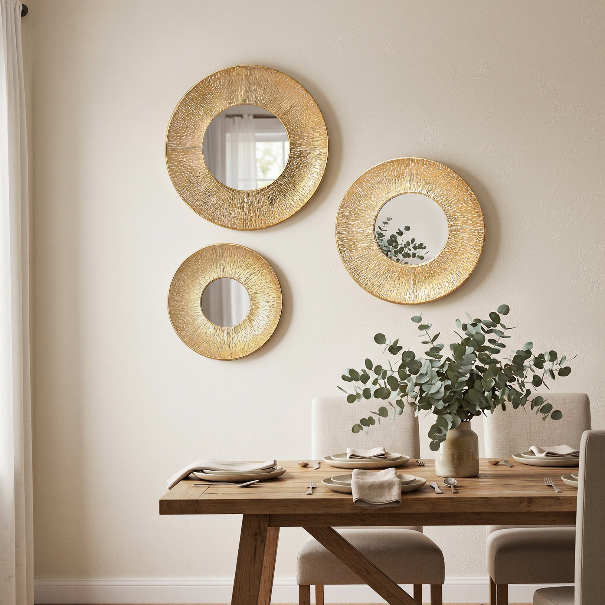 3-Piece Hammered Gold Metal Round Wall Mirror Set