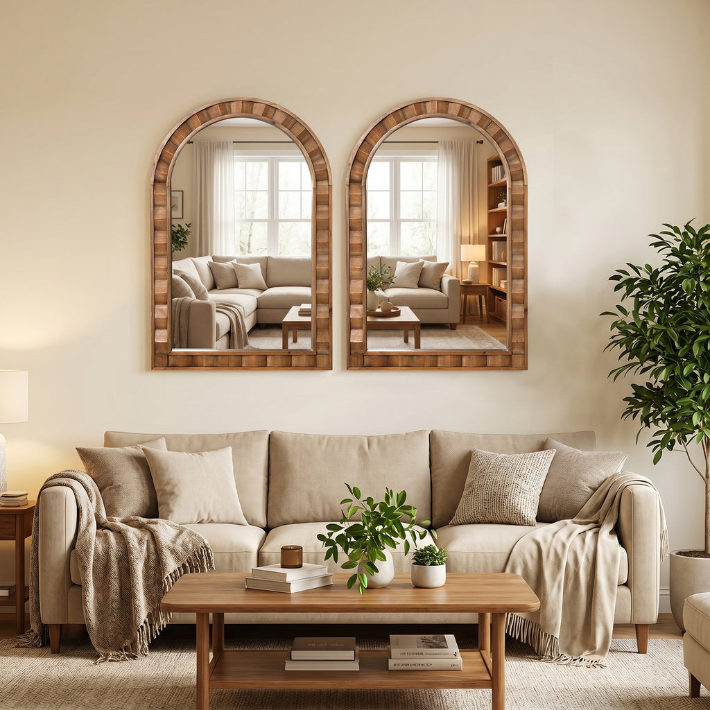 Textured Arched Window Wood Wall Mirror, 35.5"