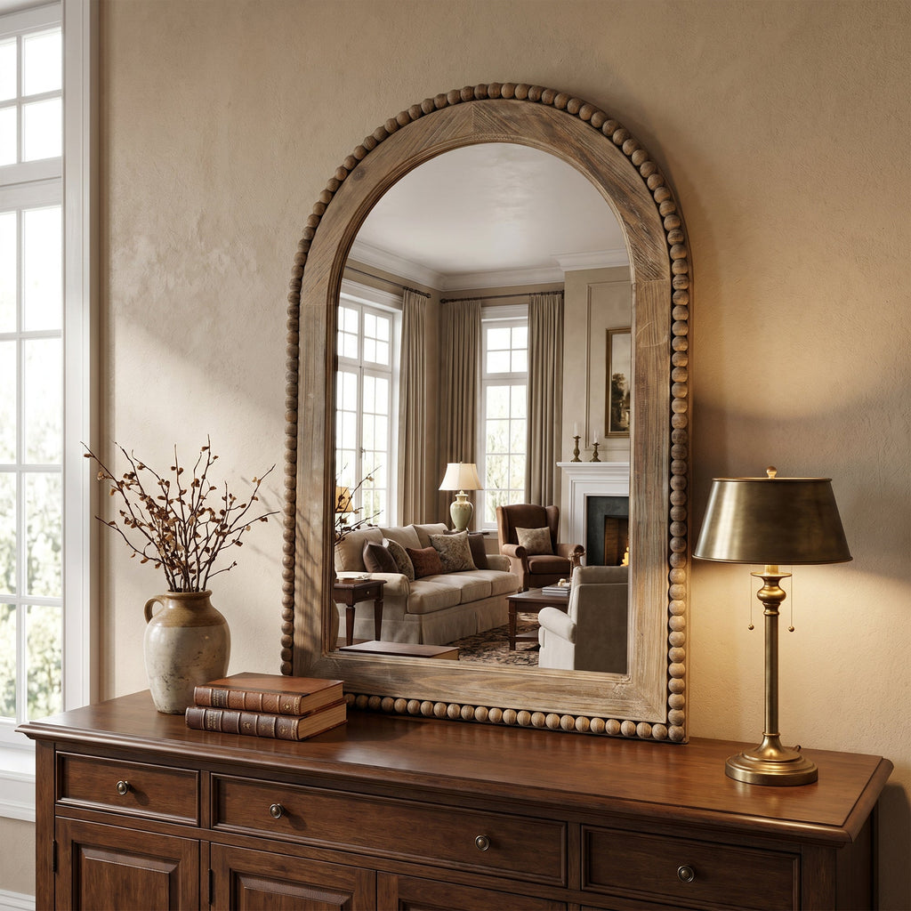 Beaded Arched Window Wood Wall Mirror, 39"