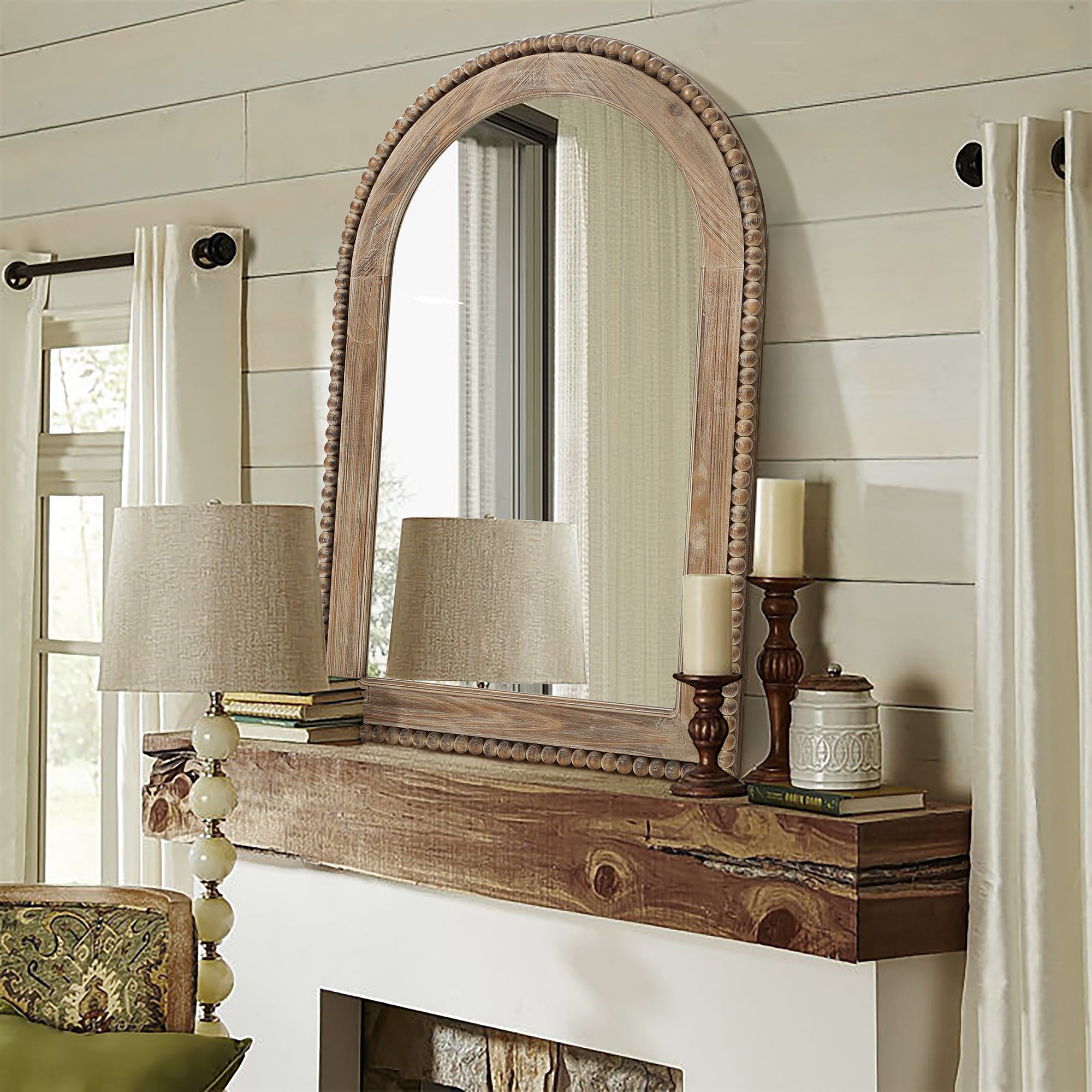 Beaded Arched Window Wood Wall Mirror, 39"