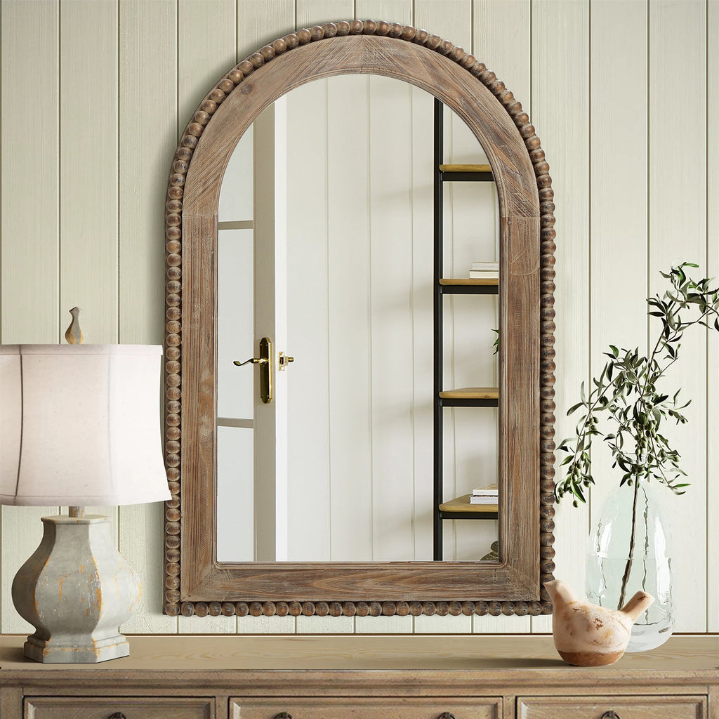 Beaded Arched Window Wood Wall Mirror, 39"