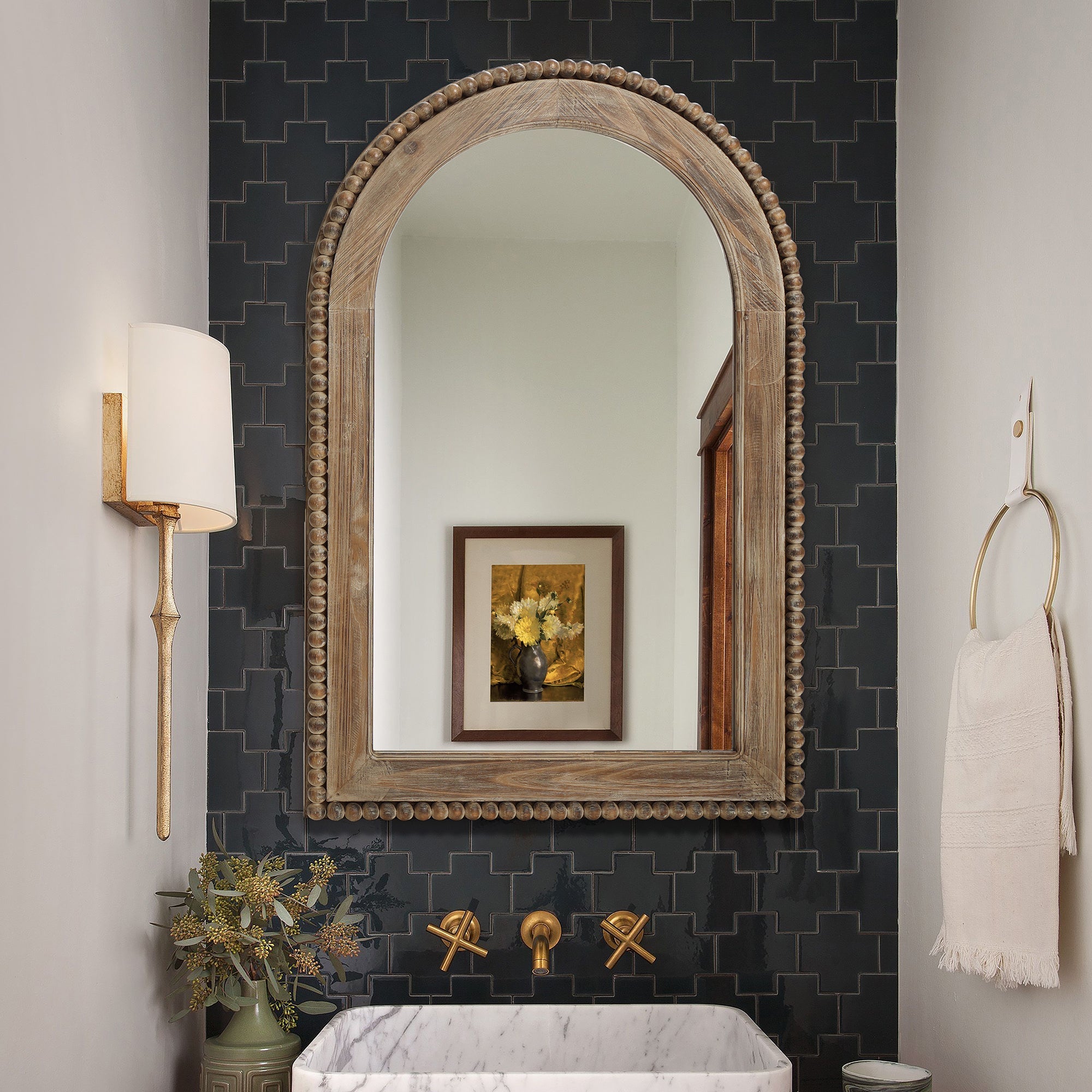 Beaded Arched Window Wood Wall Mirror, 39"