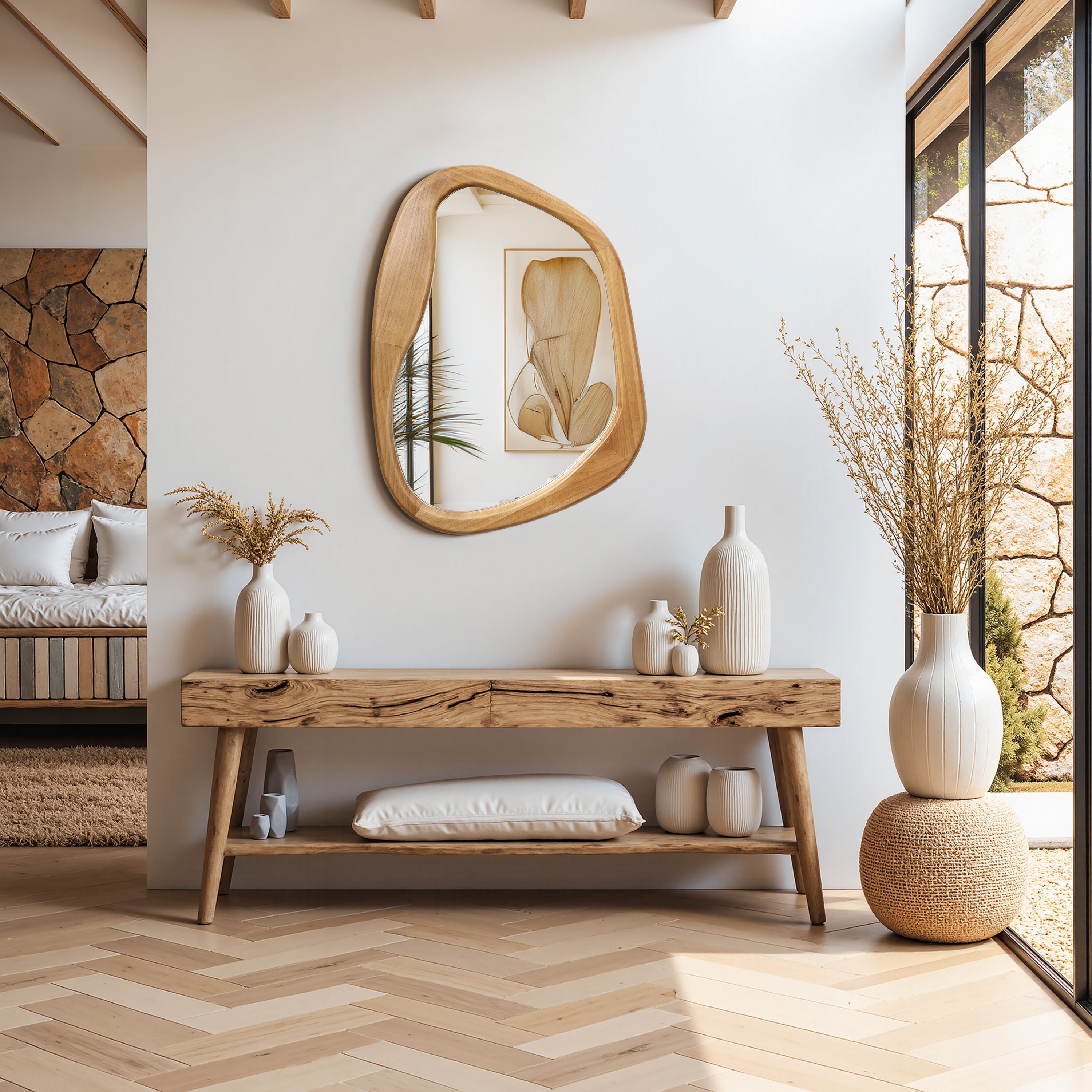 Asymmetrical Drift Wood Wall Mirror, 31.5"