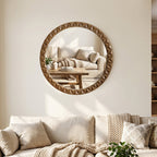 Geometric Carved Wood Round Wall Mirror, 26"