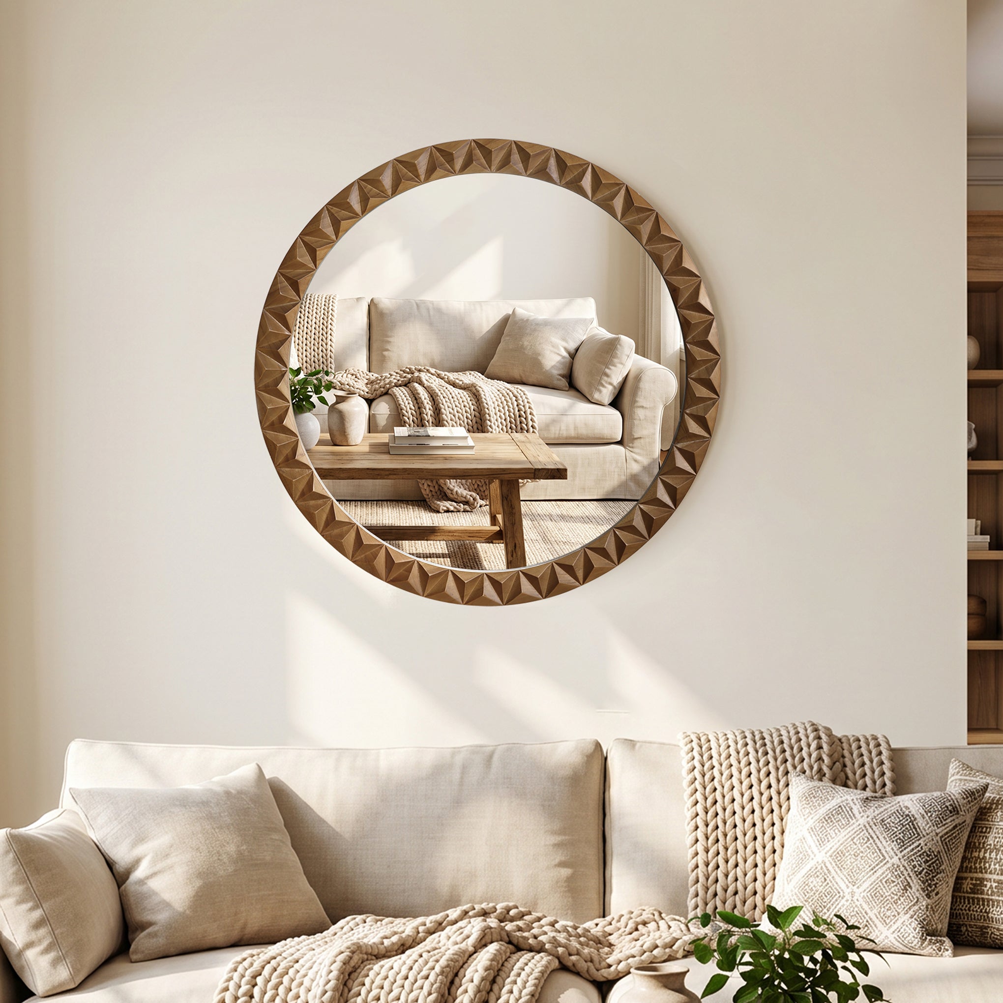 Geometric Carved Wood Round Wall Mirror, 26"
