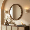 Geometric Carved Wood Round Wall Mirror, 26"
