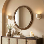 Geometric Carved Wood Round Wall Mirror, 26"
