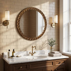Geometric Carved Wood Round Wall Mirror, 26"