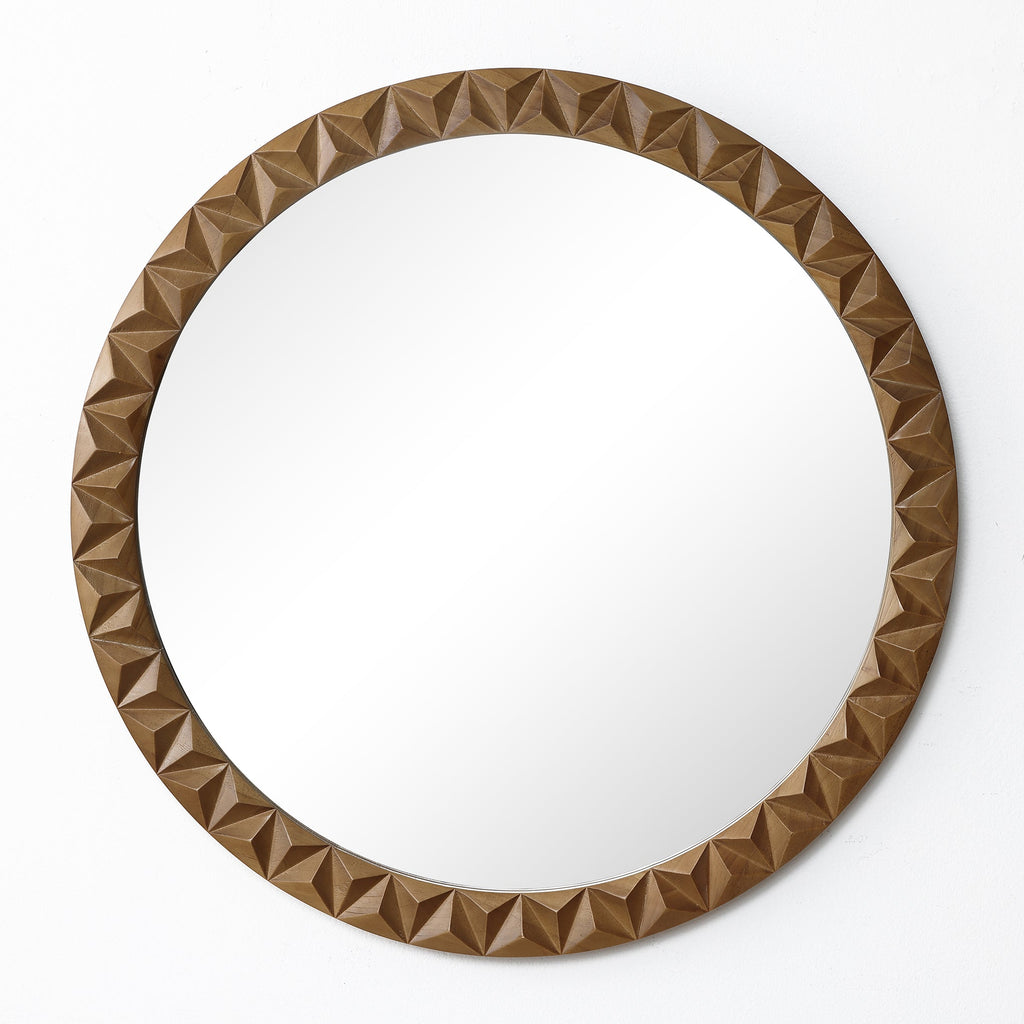 Geometric Carved Wood Round Wall Mirror, 26"