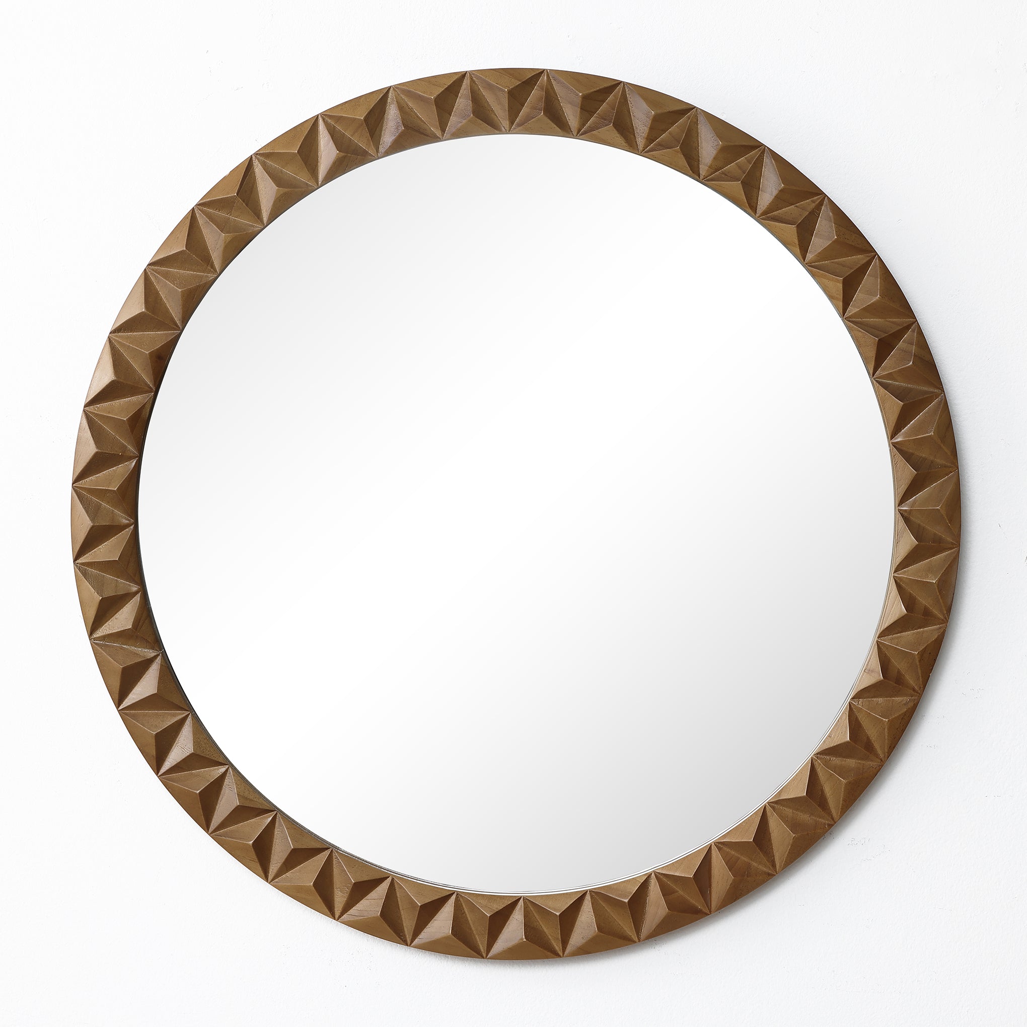 Geometric Carved Wood Round Wall Mirror, 26"