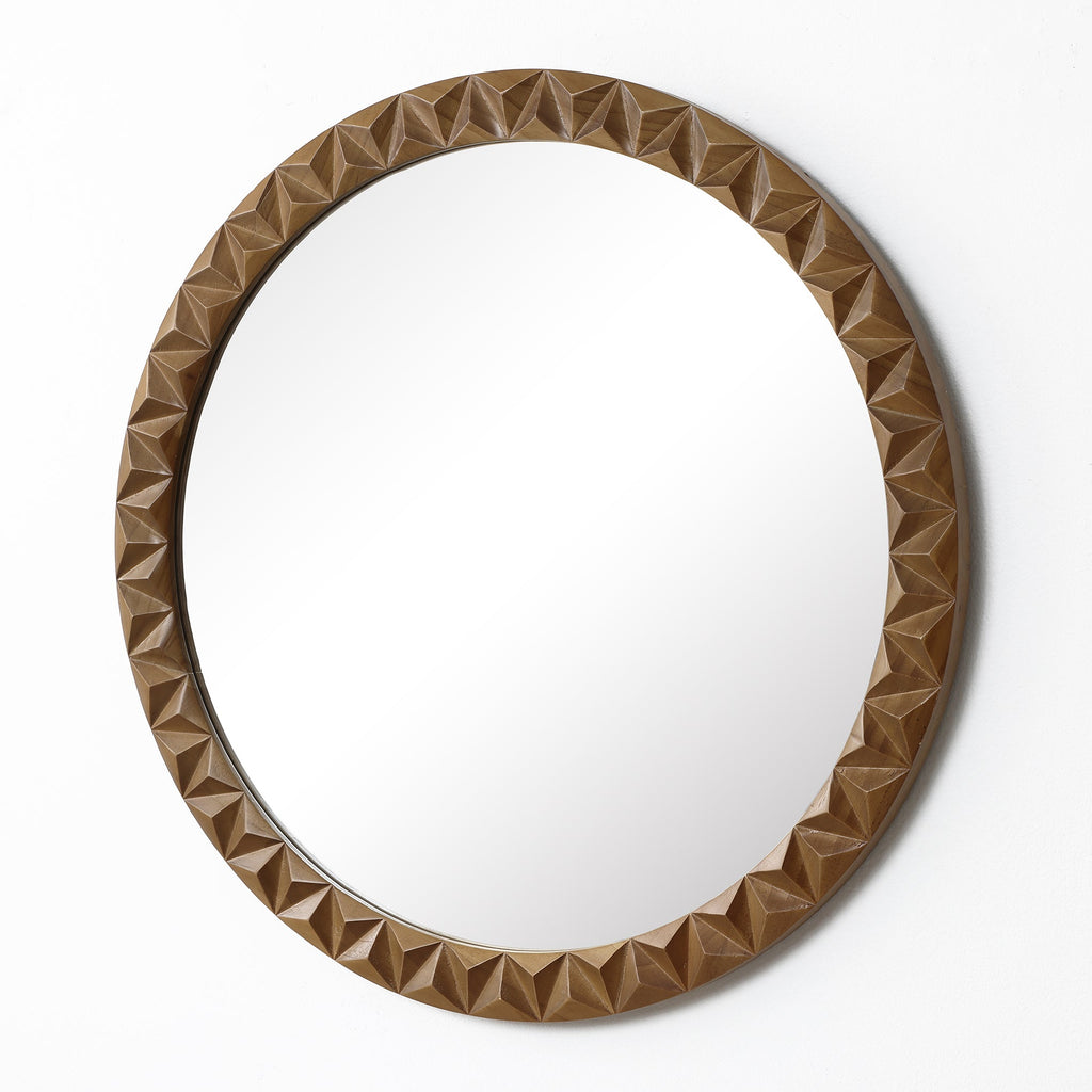 Geometric Carved Wood Round Wall Mirror, 26"