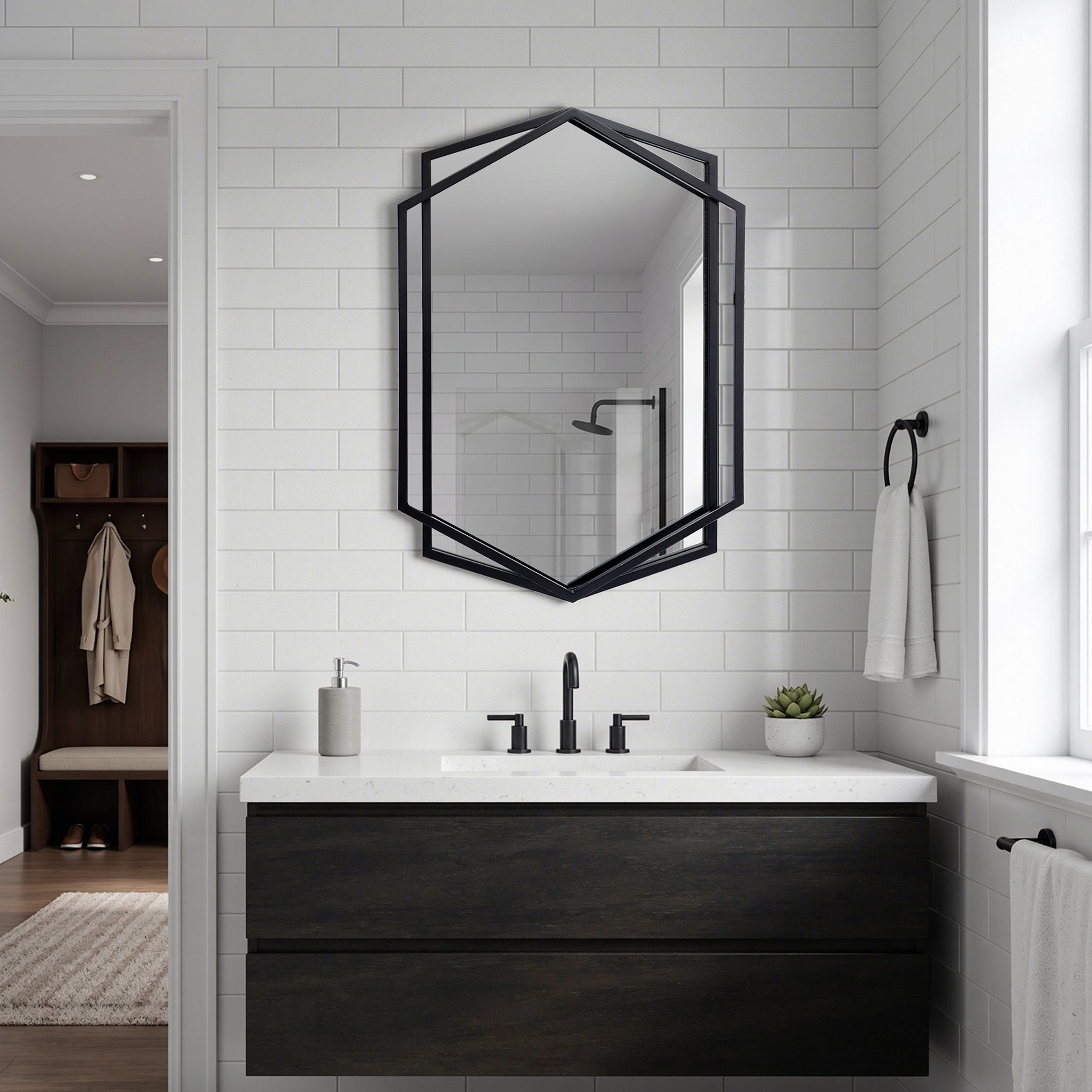 Black Metal Hexagon Wall Mirror, 32"