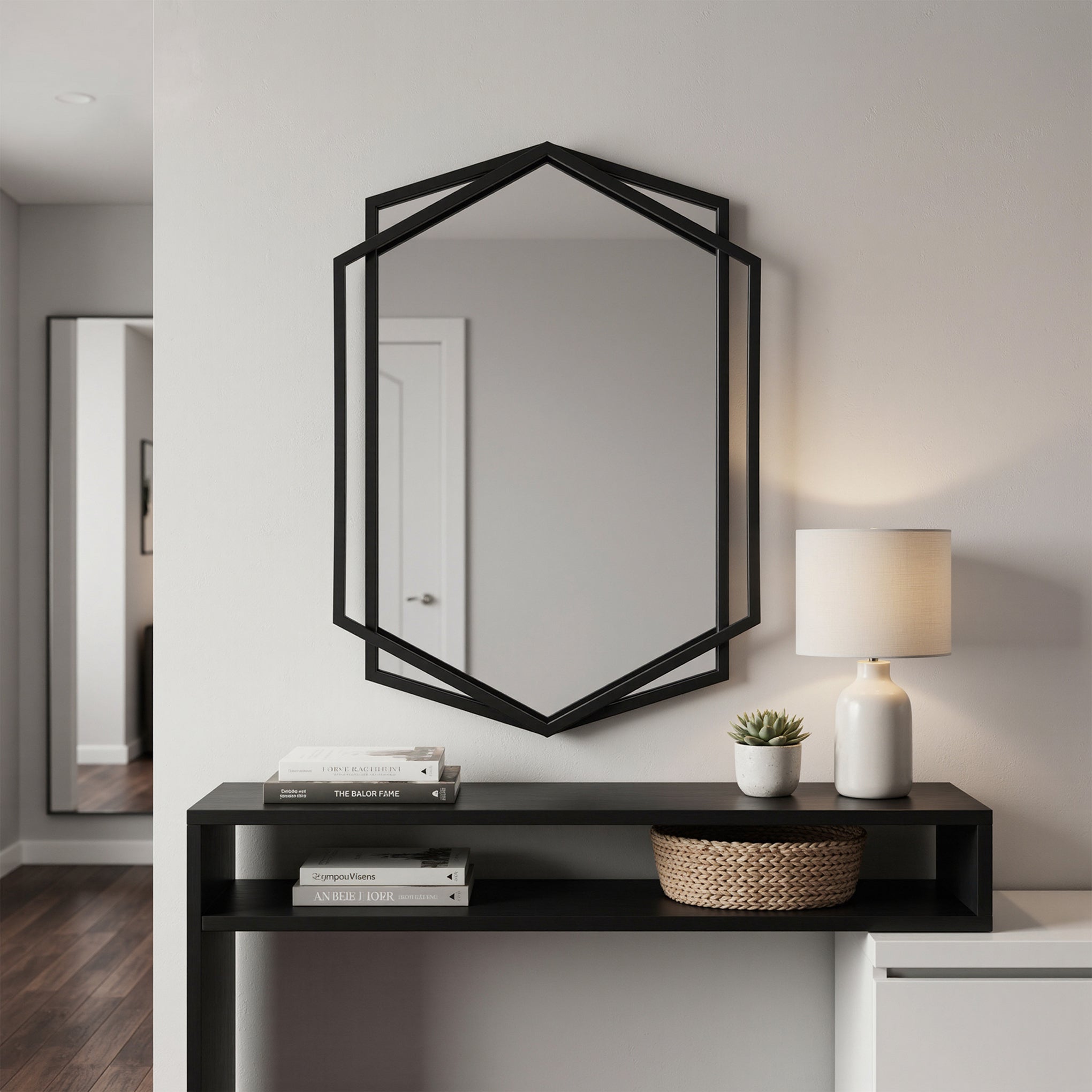 Black Metal Hexagon Wall Mirror, 32"