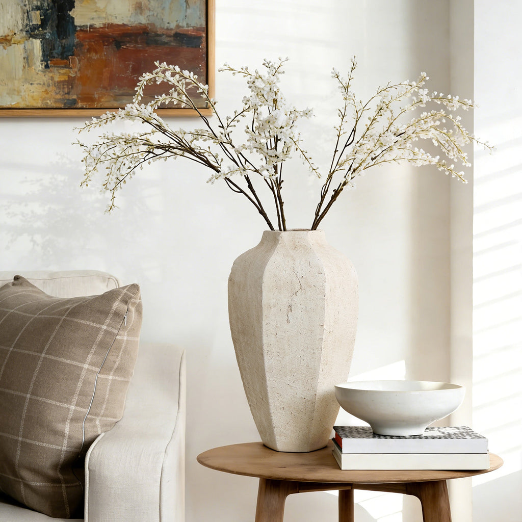 Geometric Ceramic Vase, Chalky Off White, 14"