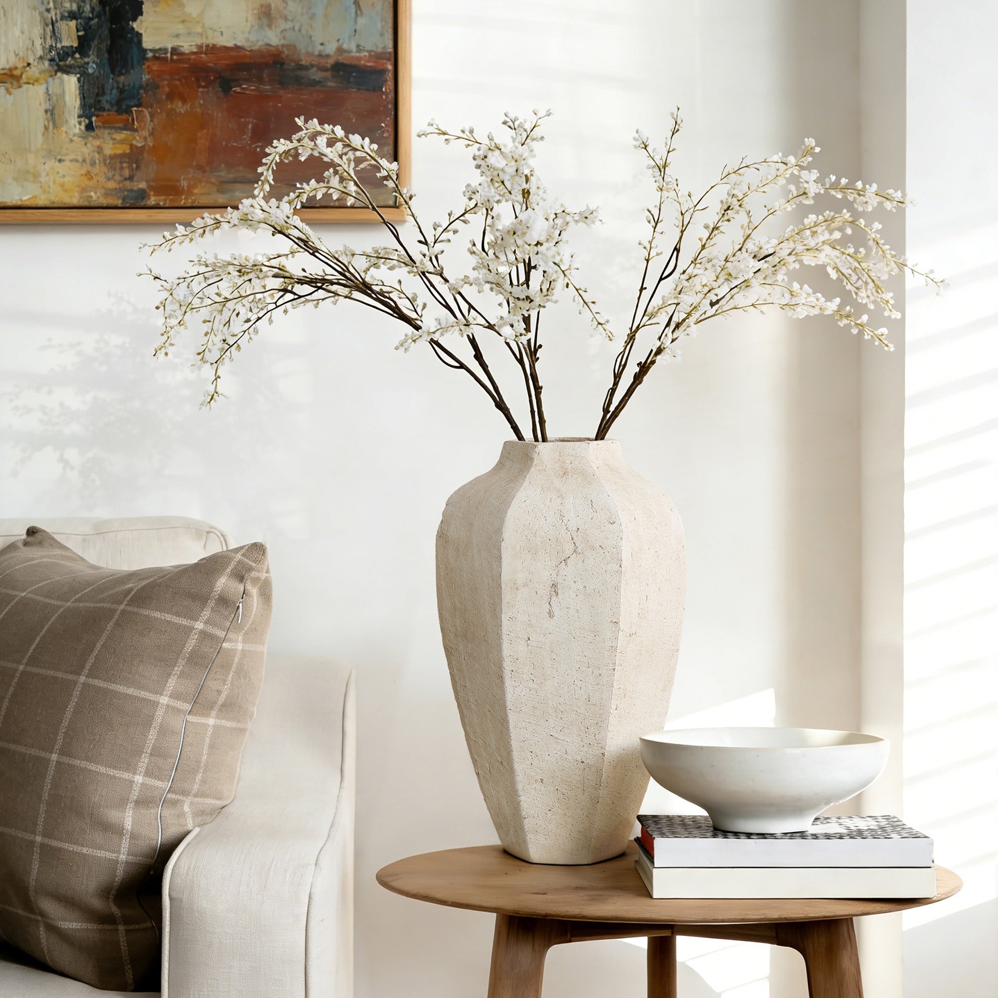 Geometric Ceramic Vase, Chalky Off White, 14"