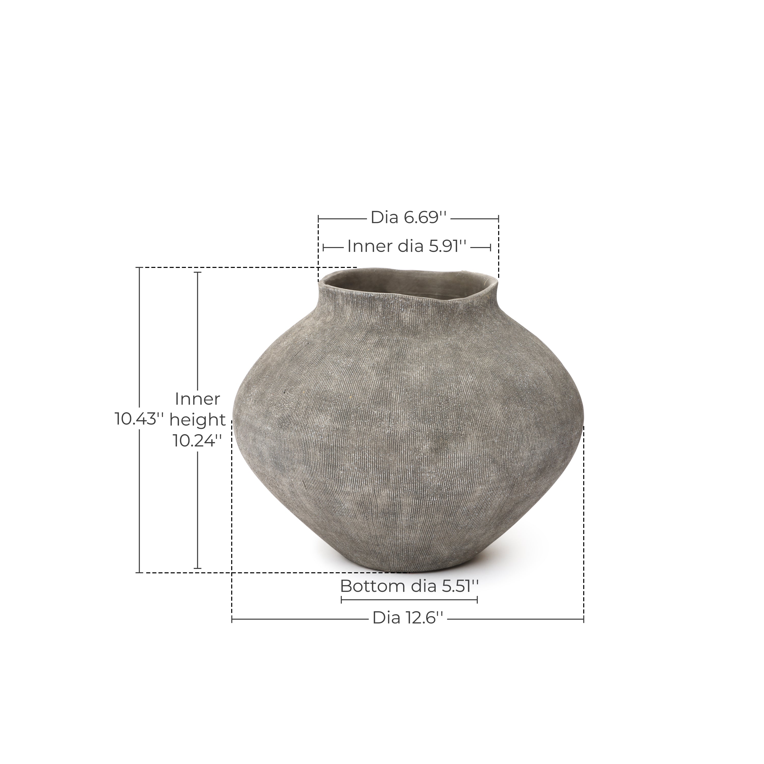 Wide Ribbed Terracotta Vase, Weathered Gray, 10"
