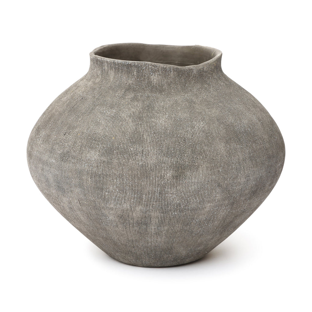 Wide Ribbed Terracotta Vase, Weathered Gray, 10"