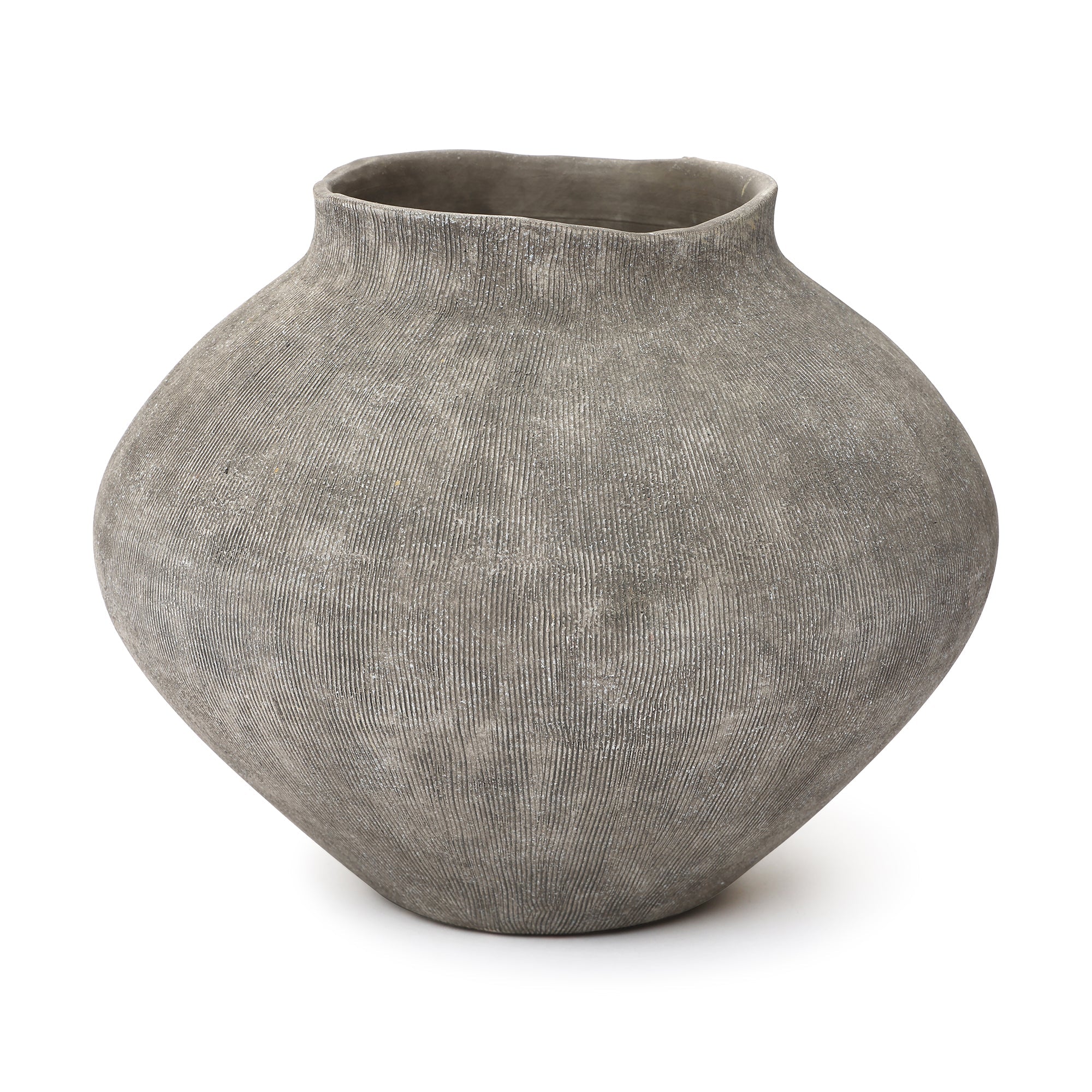 Wide Ribbed Terracotta Vase, Weathered Gray, 10"