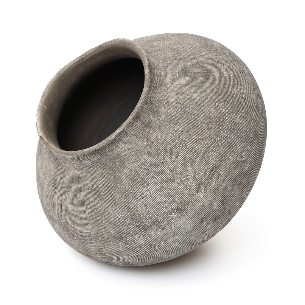Wide Ribbed Terracotta Vase, Weathered Gray, 10"
