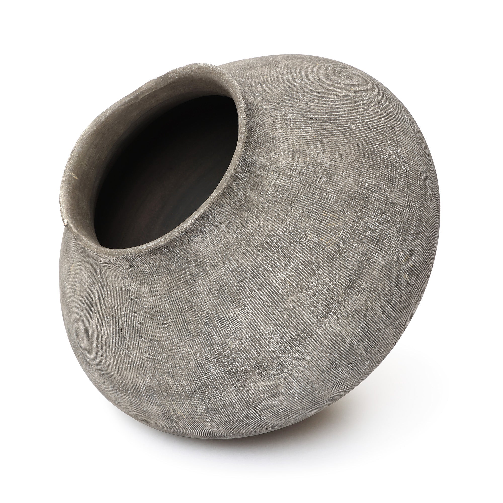 Wide Ribbed Terracotta Vase, Weathered Gray, 10"