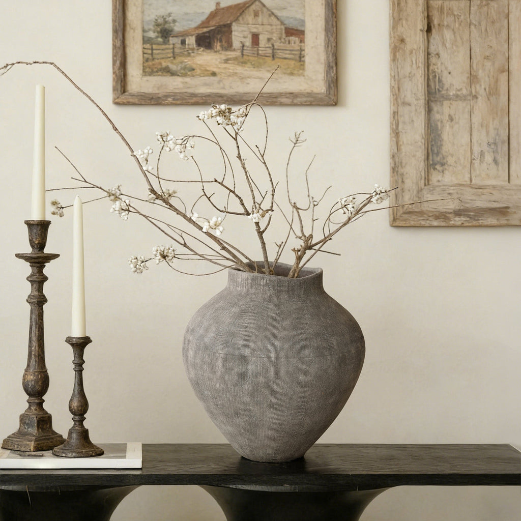 Round Ribbed Terracotta Vase, Weathered Gray, 13"